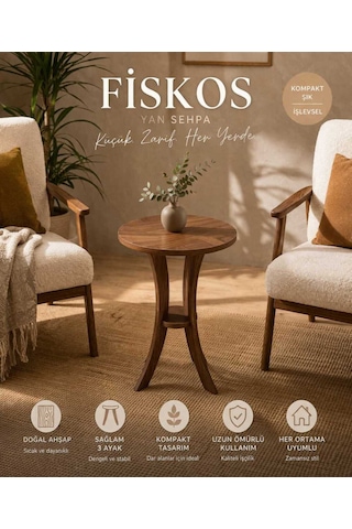 Fiskos Ceviz Yan Sehpa 50 Cm Çap - 60 Cm Yükseklik Modern Zigon Yan Sehpa Ceviz