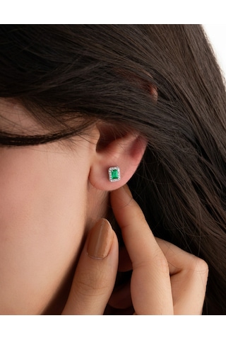 925 Ayar Rodyum Baget Kesim Zümrüt Yeşili Taşlı Minimal Günlük Gümüş Küpe Gümüş