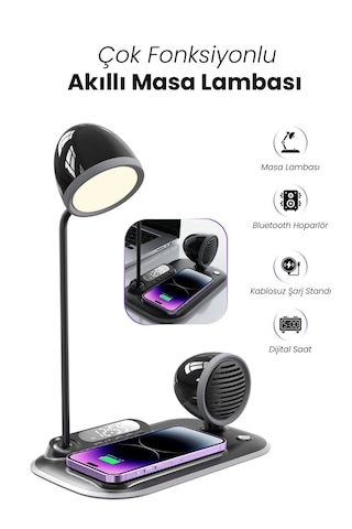4-in-1 Kablosuz Şarj Standı İphone & Android Uyumlu, Siyah Masa Lambası Ve Bluetooth Hoparlörlü