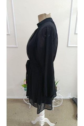 Bhrwear Kadın Uzun Kollu Yarı Balıkçı Yakalı Astar Detaylı Belden Kuşaklı Şifon Kısa Elbise Renkli