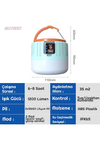 Exeo Güneş Enerjili Solar Led Su Geçirmez Usb Şarjlı Kamp Feneri 1 Adet
