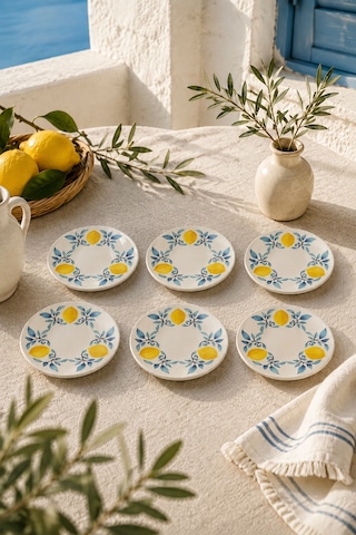 6 Lı Limon Desenli Seramik Tatlı Tabağı 16 Cm Akdeniz Temalı Pasta Kahvaltı Ve Sunum Tabağı Beyaz