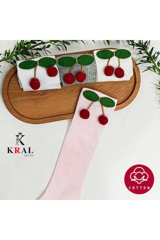 Kral Socks Kız Çoçuk Çorap Kiraz Desenli Renkli Pamuklu Okul Çorabı