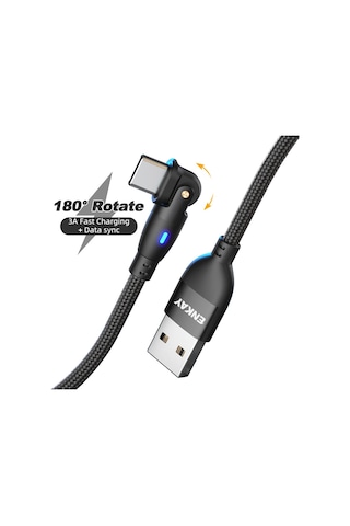 Enkay 180 Derece Dönen Usb'den Type-c 3a Hızlı Şarj Veri Kablosu Led Işıkla, Uzunluk: 1m Kırmızı