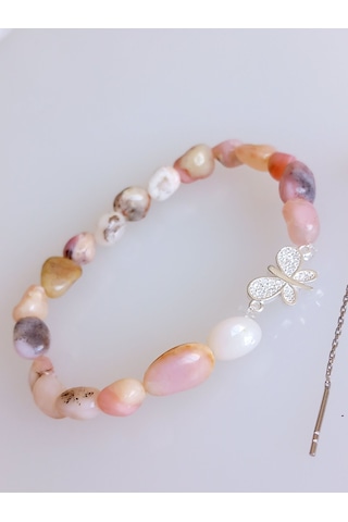 925 Ayar Gümüş Zincir Kelebek Küpe Pembe Ay Taşı Doğal Taş Kadın Bileklik Gümüş