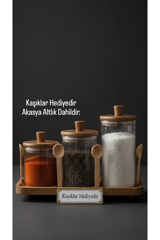 3 Lü Akasya Ahşap Kapaklı Baharat Seti -altlıklı Baharat Seti - Mien 3 Boy Akasya Kapaklı Baharatlık Kahverengi - Şeffaf