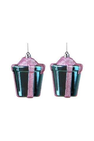 Yılbaşı Süsü Simli Parlak Hediye Paketi 2'li Mavi Pembe 10 Cm