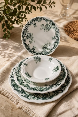 6 Kişilik 24 Parça Vintage Yeşil Desenli Porselen Yemek Takımı Seti