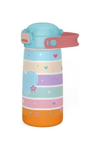 Puccon 420 Ml Kız Çocuk Pastel Renkli Kalp Desenli Paslanmaz Çelik Okul Termosu - 60022 Turkuaz - Turuncu