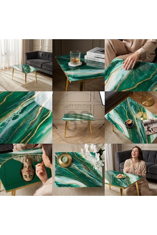 Emerald Regalıa Lüks Geode Epoksi Orta Sehpa 50x70 Cm Altın Detaylı Contemporary Tasarım, Modern Lüks Ev Dekoru Yeşil