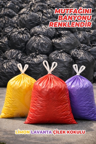 30 Adet Büyük Boy Büzgülü Çöp Torbası - Ekstra Sağlam - Limon, Lavanta, Çilek Kokulu - Renkli 65x70