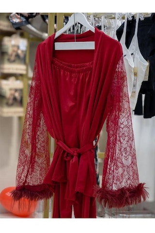 Ece's Design Lüks İpeksi Saten Dantelli Ortiş Tüylü Kadın Pijama Takımı 2 Parça W2012 Kırmızı