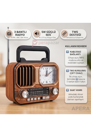 Nns Ns-7116bt Nostaljik Ahşap Görünümlü Bluetooth Radyo Saatli 1200mah Şarjlı Kamp Ve Ev Tipi Müzik Çalar Kahve