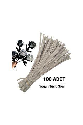 100 Adet Gri Şönil, Çiçek Yapımına Uygun Tüylü Tel, 30 Cm 6 Mm