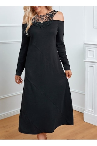Nnstartshopping Kadın Uzun Kollu Yaka Önü Güpürlü Madonna Yaka Viskon Midi Boy Elbise Siyah