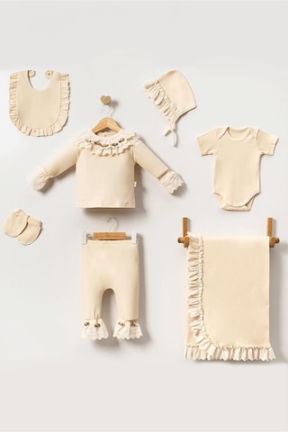 Juniba Kids Nell Kız Bebek Krem Fırfırlı Gül İşlemeli Dantel Detaylı 7'li Set Krem