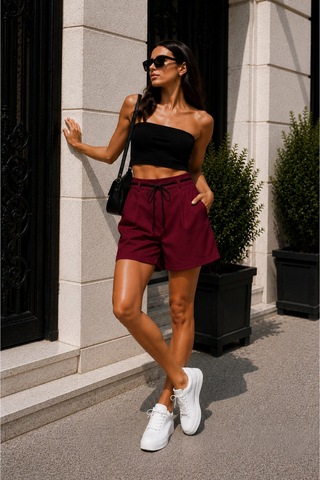 Winmoda34 Kadın Şehir Boyu Casual Şort 43 Cm Tam Boy Kemer Hediyeli Trend Model Bordo