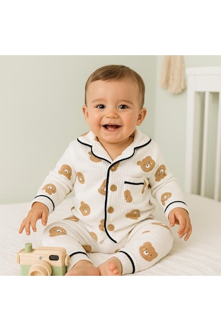 Bear Önden Düğmeli Mevsimlik 2 Parça Pjama Takımı Kahverengi