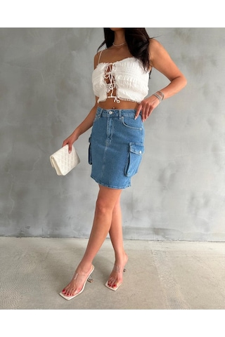 Zeo Basic Kargo Cep Detaylı Mini Denim Etek Mavi