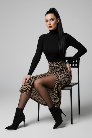 Kadın Yırtmaçlı Kahverengi Zebra Desen Midi Boy Etek Çok Renkli
