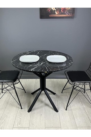 Saray Siyahmermer Yuvarlak Mutfak Masası Yemek Masa Balkon Masa Metal Siyah Ayak 80 Cm