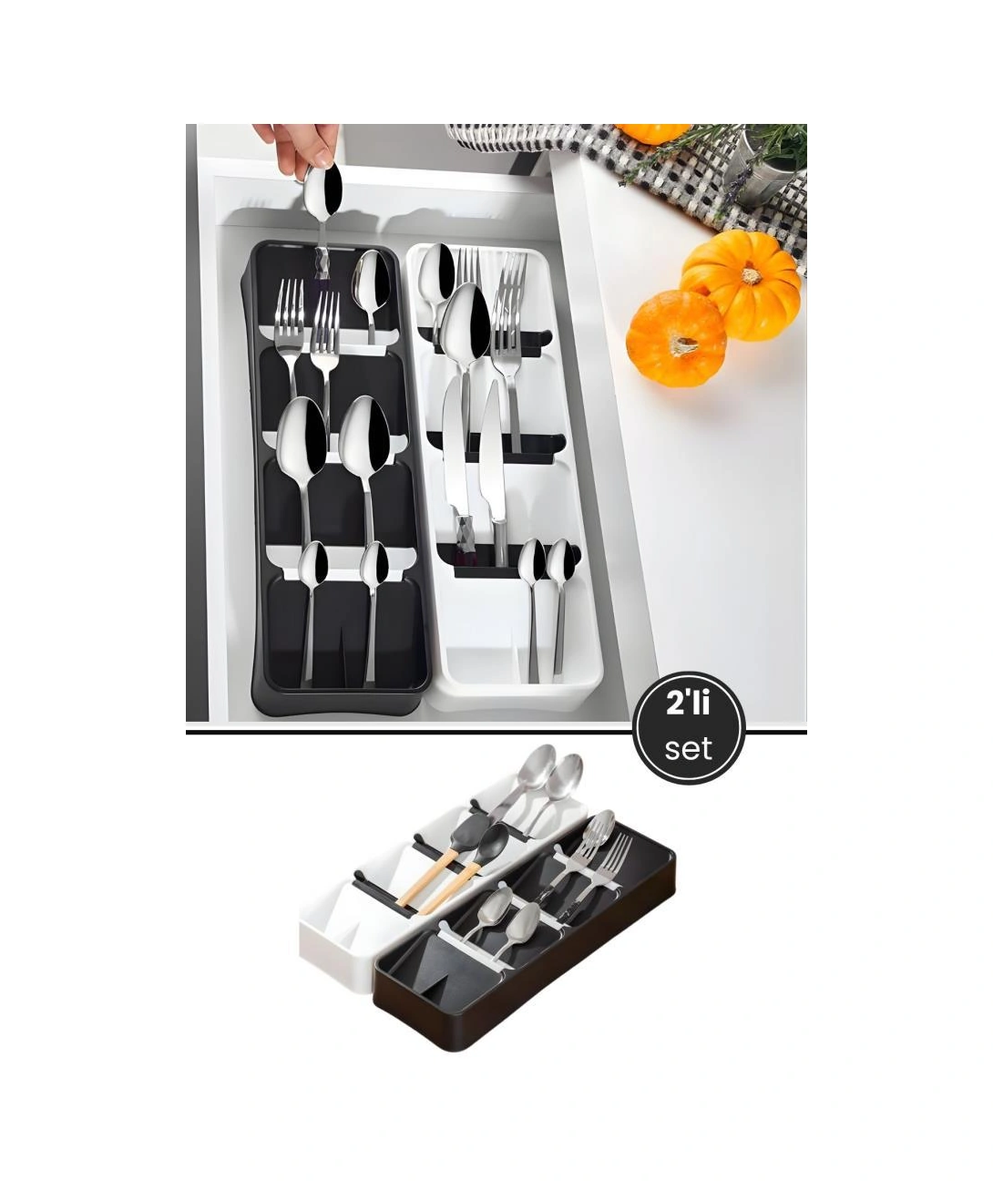 2 Adet 4 Bölmeli Kaşıklık, Çatal Kaşık Bıçak Kepçe Sofra Gereçleri Çekmece İçi Düzenleyici 2 Li Set Beyaz Siyah