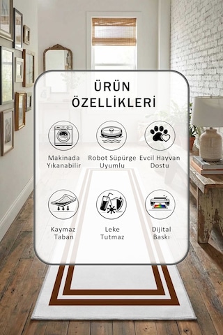 Çerçeve Beyaz Kahve Yıkanabilir Yolluk