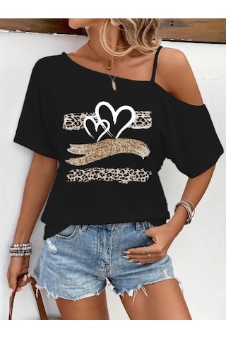 Kadın Tek Omuzu Açık Ip Askılı Baskılı Viskon Bluz Siyah