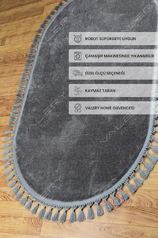 Vl Yuvarlak Comfort Düz Saçaklı Peluş Antrasit Yolluk Halı Oval Antrasit Ponpon Saçak