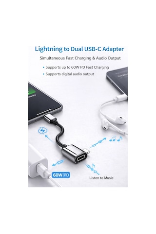 Platoon Pl-8816 Apple Uyumlu iOS Lightning To Type-c + Type-c Şarj Giriş Çoğaltıcı Adaptör 2 Port