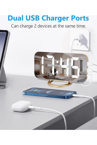 Dijital Çalar Saat, 7 İnç Led Aynalı Saatler Büyük Ekran, 2 Usb Şarj Portu İle, Otomatik Kısma, Gece Modu, Yatak Çok Renkli
