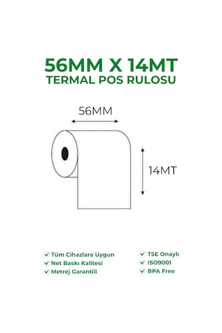 56x14 Termal Rulo Yazarkasa Pos Rulosu 1 Koli 72 Paket 720 Adet Tse Belgeli Bpa Free