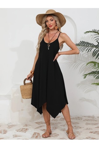 Kadın Ip Askılı Yuvarlak Yakalı Asimetrik Kesim Viskon Elbise Siyah