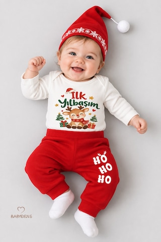 Babyden's Bebek Yılbaşı Takımı İlk Yılbaşım Baskılı Noel Kıyafeti %100 Pamuk 3'lü Body Pantolon Noel Şapkası Yılbaşı Kostüm Beyaz - Kırmızı