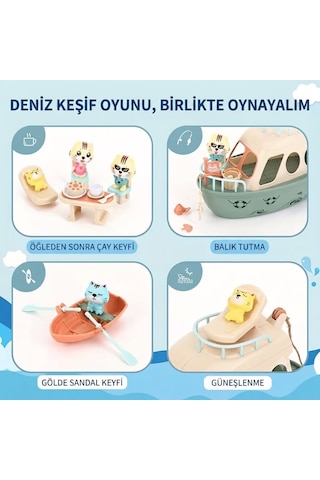Kedi Deniz Gezintisi Tekne ve Aksesuar Oyuncakları Eğitici Banyo ve Figürlü Oyun Seti
