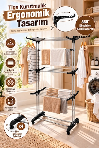 Doğrular Perilla Tiga Fits 3 Katlı Tekerlekli Çamaşır Kurutmalık Siyah