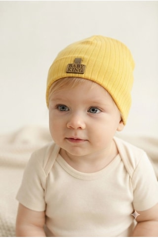 Organik Pamuklu, Yumuşak Dokulu, Ribanalı Düz Model 3 Lü Set Unisex Bebek Şapkası Lacivert-sarı-beyaz