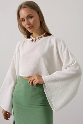 Defymoda Yarasa Kollu Crop Bluz - Beyaz Beyaz