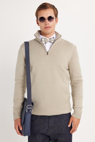 Tudors Erkek Slim Fit Dar Kesim Armürlü Fermuarlı Yeşil Dik Yaka Kazak-34917 Yeşil