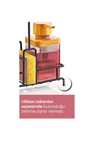 Grimorlife Metal Standlı Ahşap Detaylı Sıvı Sabunluk Fırçalık Seti- Sabunluk Fırçalık Mutfak Seti- Şeffaf Şeffaf