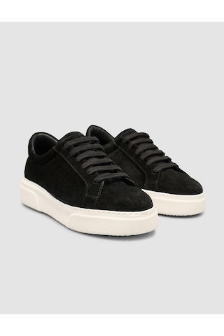 %100 Hakiki Süet Siyah Kürk Astarlı Bağcıklı Sneaker Ayakkabı Siyah