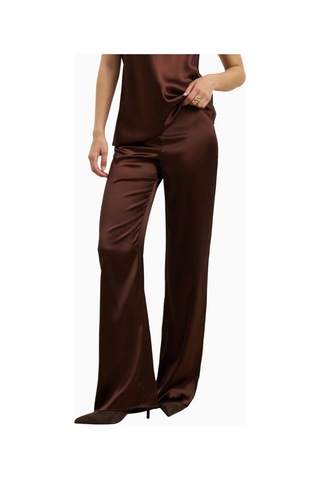 Because Of Alice Formal Satin Straight Leg Trousers Saten Düz Paça Kadın Pantolon Koyu Kahverengi