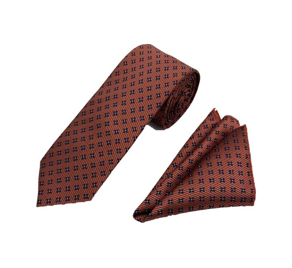 Brianze Taba Lacivert Desenli Kravat Ve Mendil Set Taba