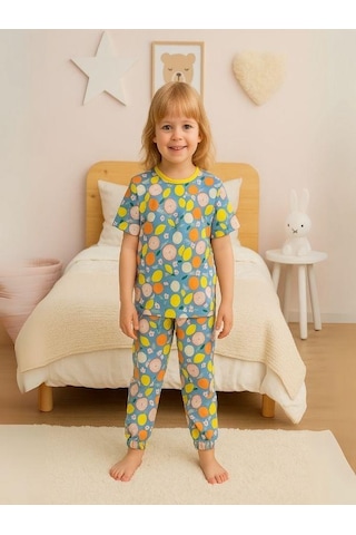 Kız Çocuk Pamuklu Meyve Desenli Kısa Kol Pijama Takımı-16027 Mavi