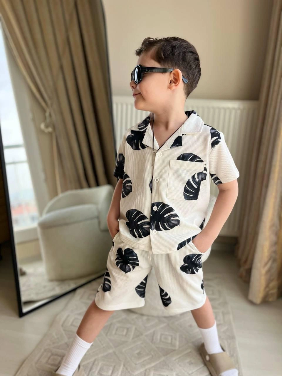 Cg Kids Yaprak Desenli Ince Lacoste Kumaş Erkek Çocuk Alt Üst Tak Beyaz