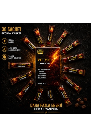 Velmor Coffee Blend Yüksek Kafeinli Kahve Karışımı Taurine, L-theanine Ve Vitamin Destekli 30 Sachet Granül
