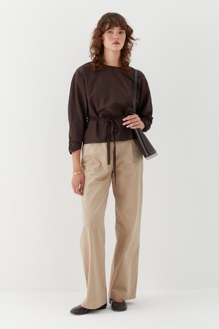 Büzgü Manşetli Kuşaklı Bluz Kahverengi Kahverengi