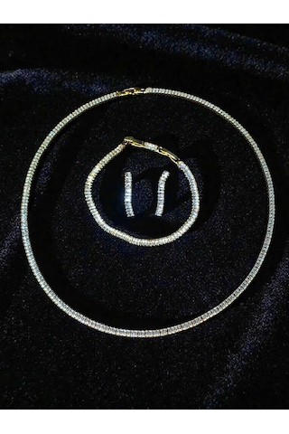 Işıltılı Tam Tur Su Yolu Set Altın Kaplama Baget Görünümlü Zirkon Taşlı Gold