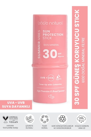 Bade Natural Pembe %100 Mineral Filtreli Ve Doğal Güneş Koruyucu Stick 30 Spf Kalaminli