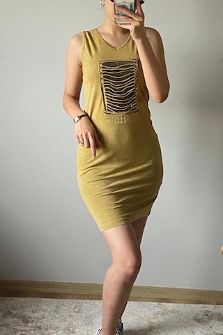 Mia Butik Kadın V Yaka Kare Pul Payetli Hardal Elbise-977 Hardal